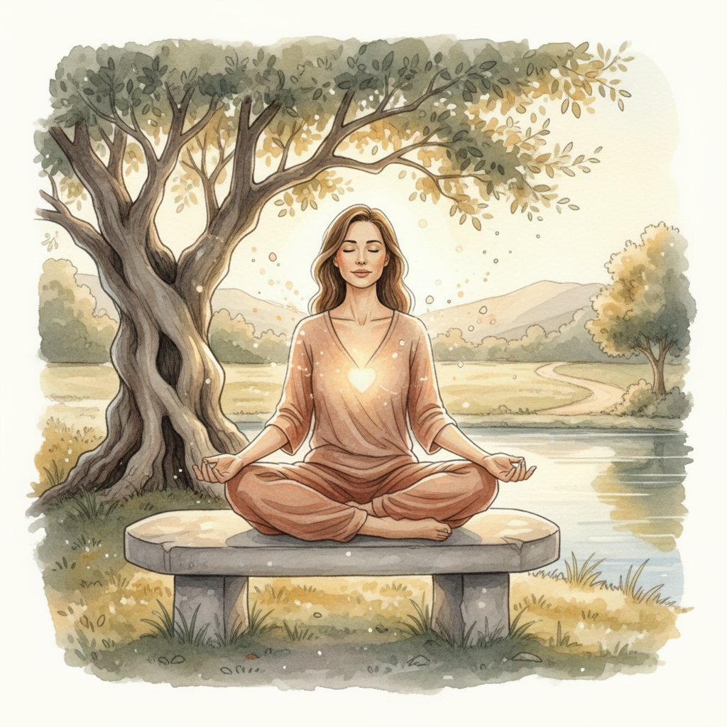 A woman meditating in a peaceful outdoor setting near a river, sitting cross-legged on a stone bench under a large tree with a glowing heart-shaped light on her chest.