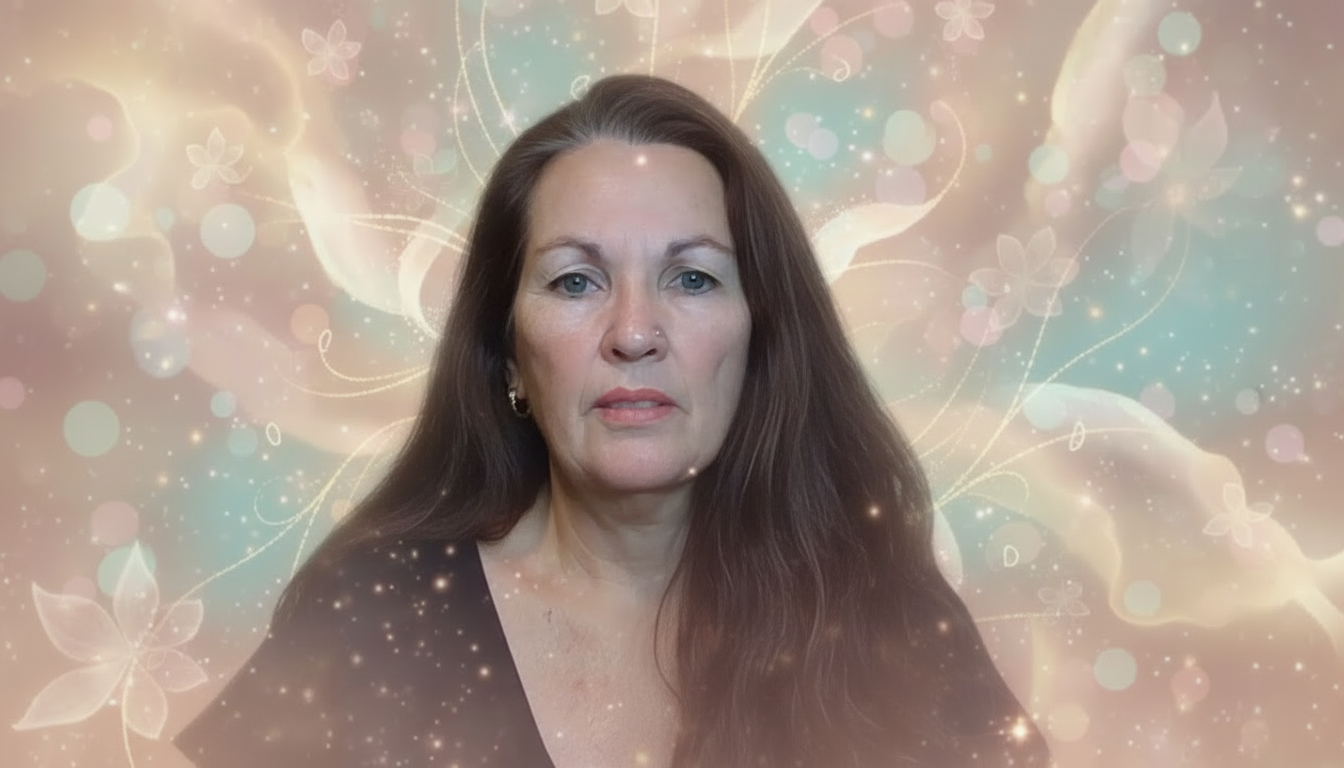 A woman with long brown hair, piercing blue eyes, earrings, and a nose ring, looking directly at the camera, with a pastel-colored floral and sparkly background.