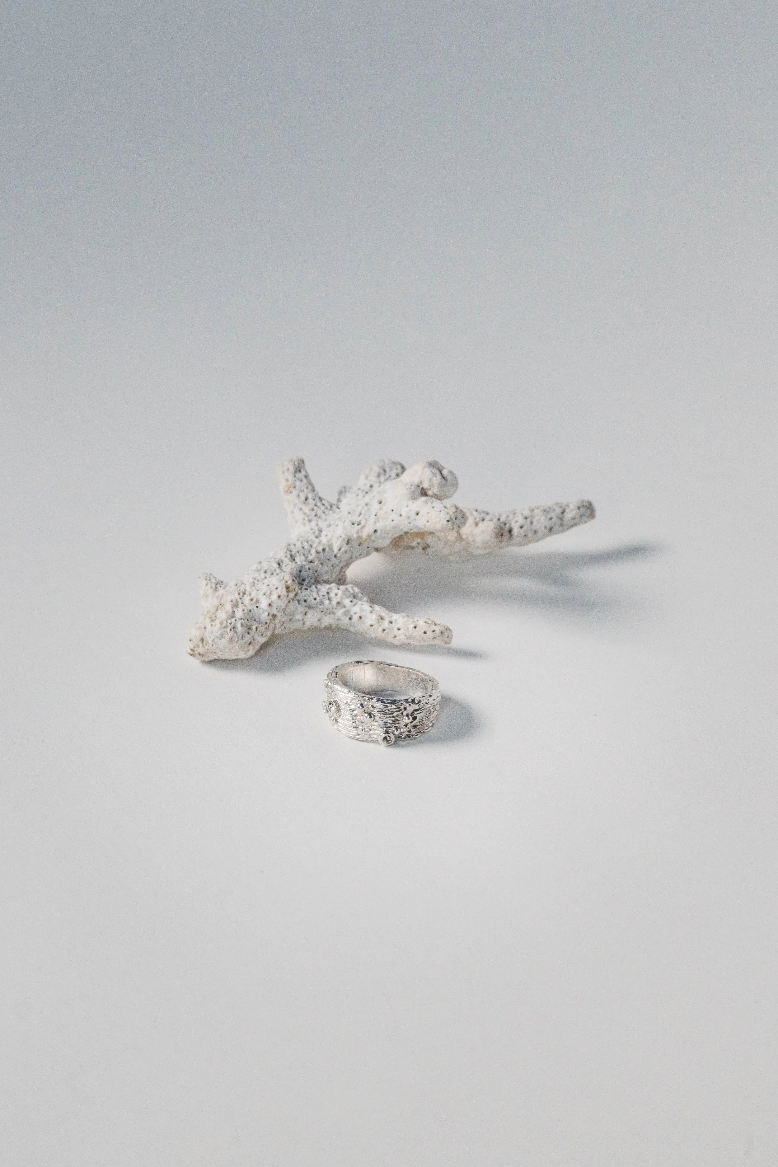 A piece of white coral and a silver ring with small decorative details on a plain white background.