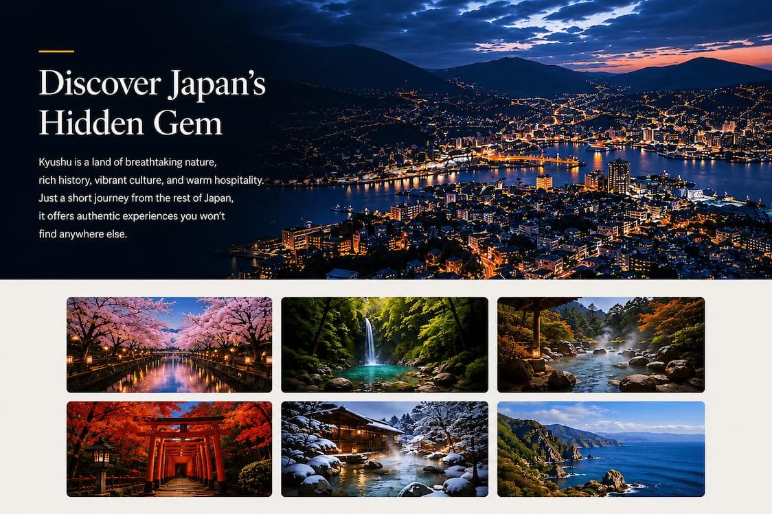 A website promoting Kyushu, Japan, featuring an aerial view of a city at night with illuminated streets and mountains in the background, and six smaller images of cherry blossoms, a waterfall, a forest stream, a shrine path, a snowy hot spring, and a coastline.