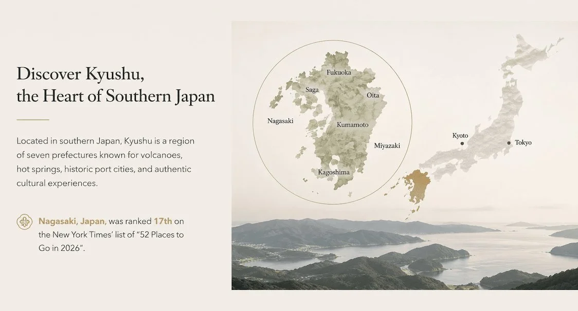 Map of Kyushu, Japan with major cities labeled, overlaid on a landscape photo of coastal mountains and water.