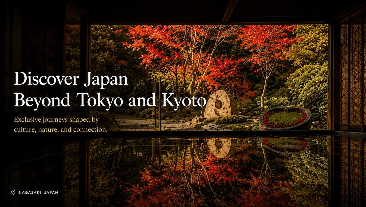View of a traditional Japanese garden with autumn foliage seen through a large window, with a reflection of the scene on a glossy floor.
