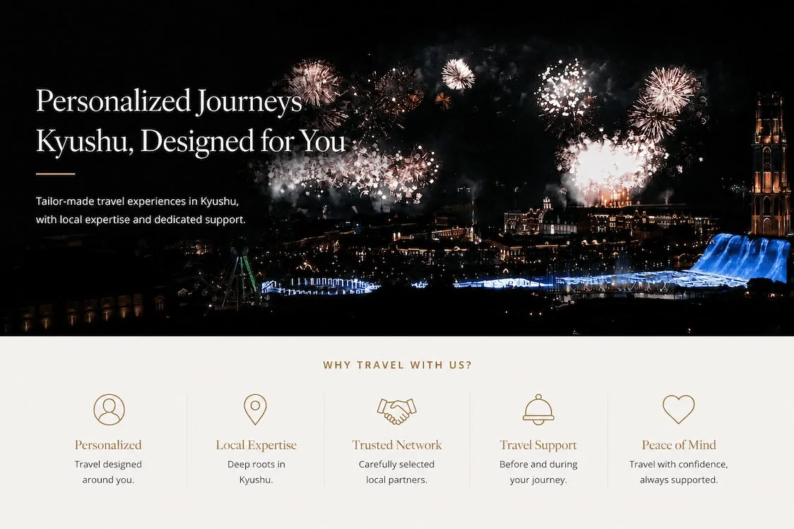 A promotional webpage for Kyushu travel experiences, featuring a fireworks display over a cityscape at night with illuminated buildings and a waterfall, and text promoting personalized journeys in Kyushu.