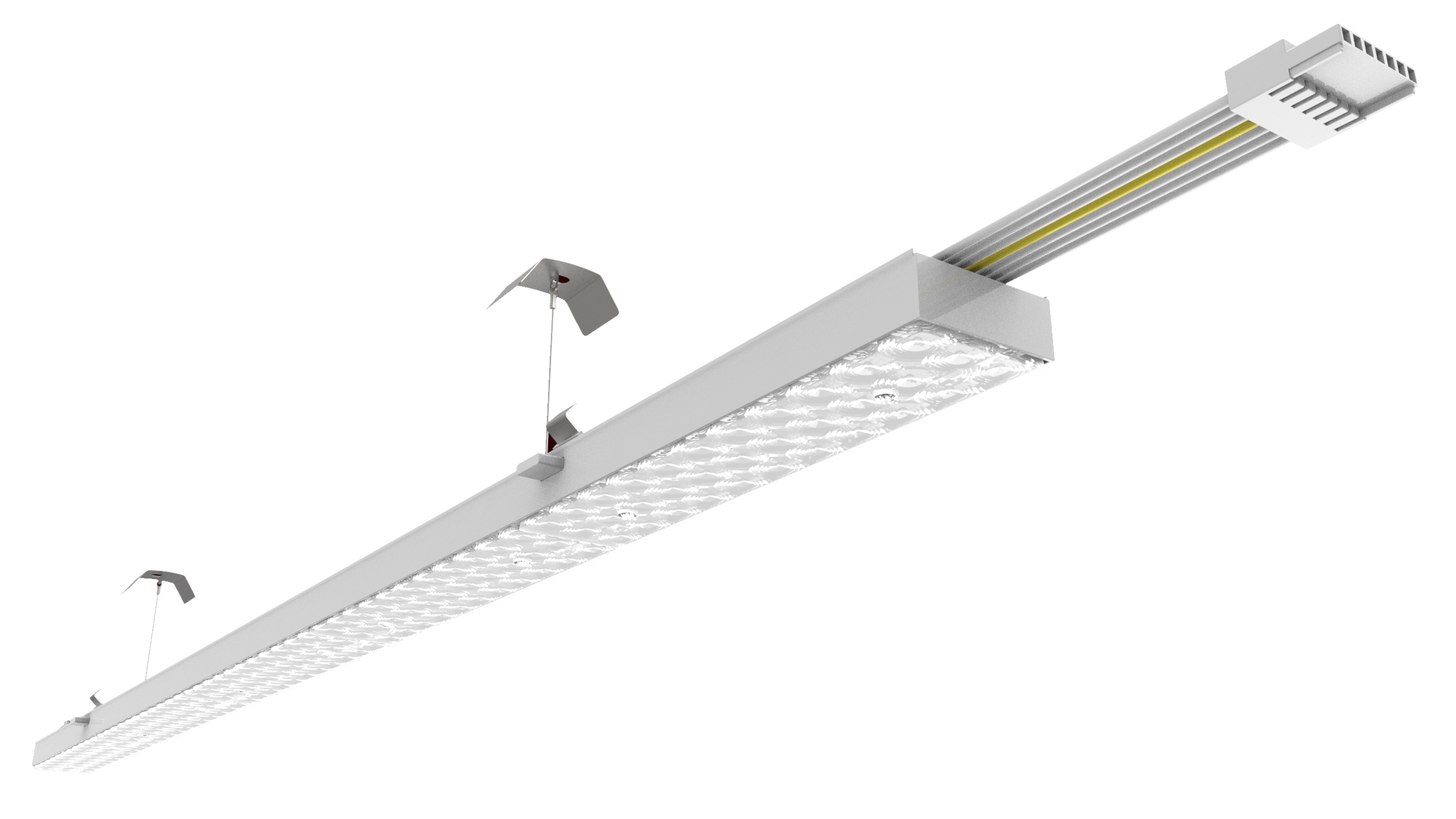 Eine lange weiße LED-Deckenleuchte mit Metallhalterungen an den Seiten.