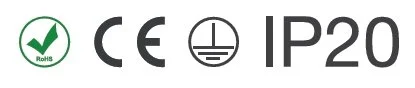 Symbole für RoHS, CE, Erdung, IP20