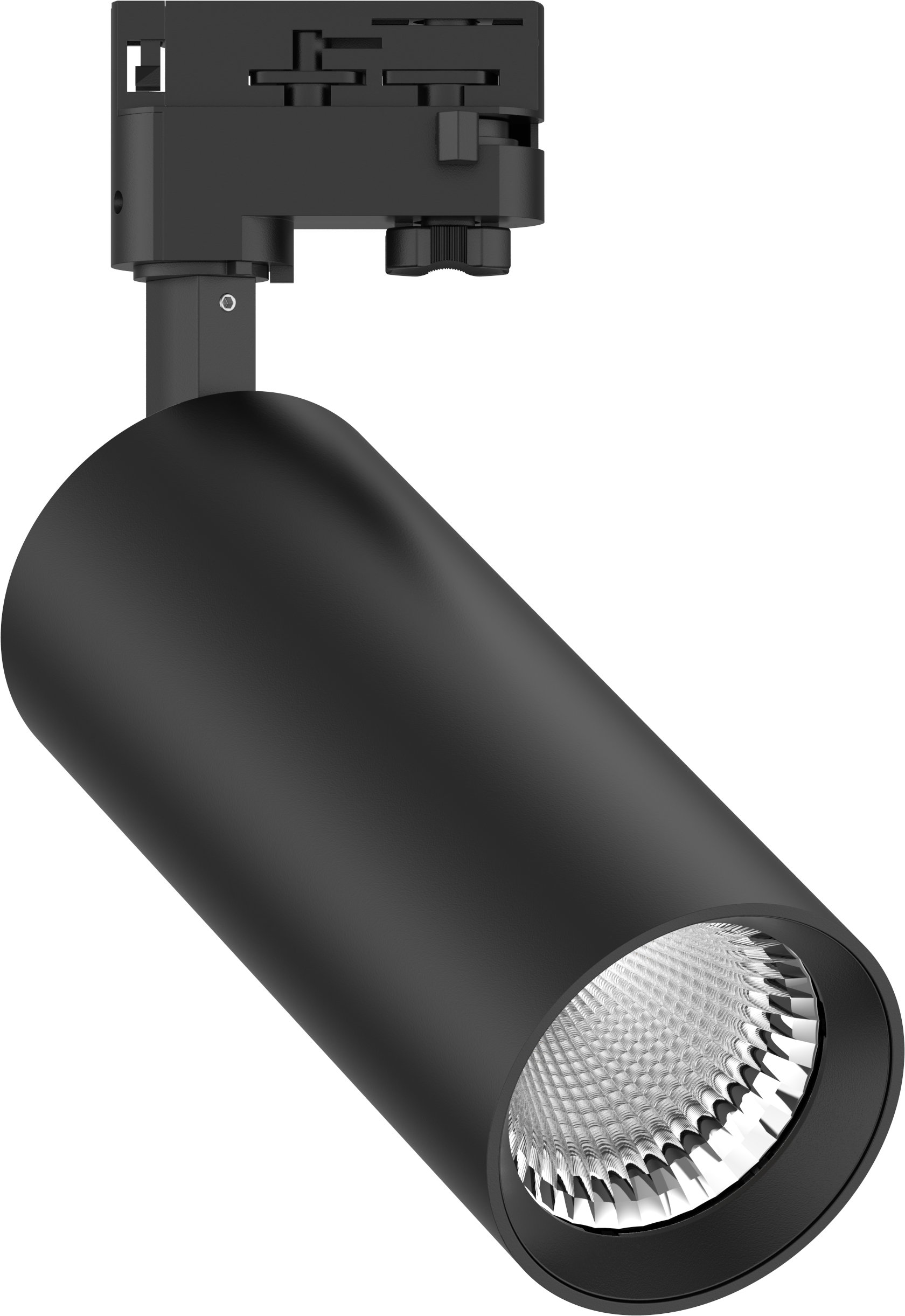 Schwarze Taschenlampe mit runder, metallischer Lichtaustrittsöffnung und schwarzem Gehäuse.