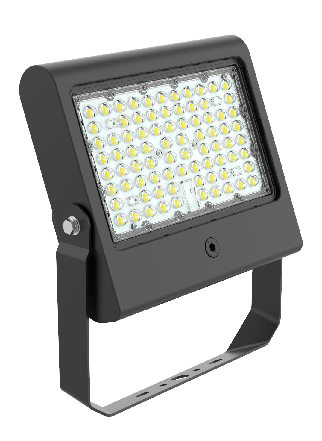 Ein moderner LED-Flutlichtstrahler in dunkler Gehäusefarbe auf einem metallischen Standfuß.