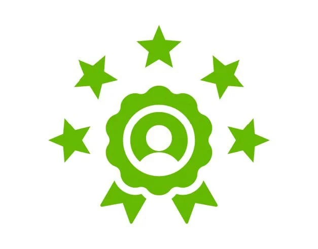 Grünes Symbol mit einer Person in der Mitte, umgeben von sechs grünen Sternen, möglicherweise eine Auszeichnung oder ein Abzeichen.