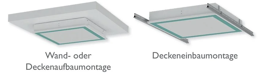 Vergleich zwischen Wand- oder Deckenaufbaumontage und Deckeneinbaumontage eines abgehängten Deckenrahmens.