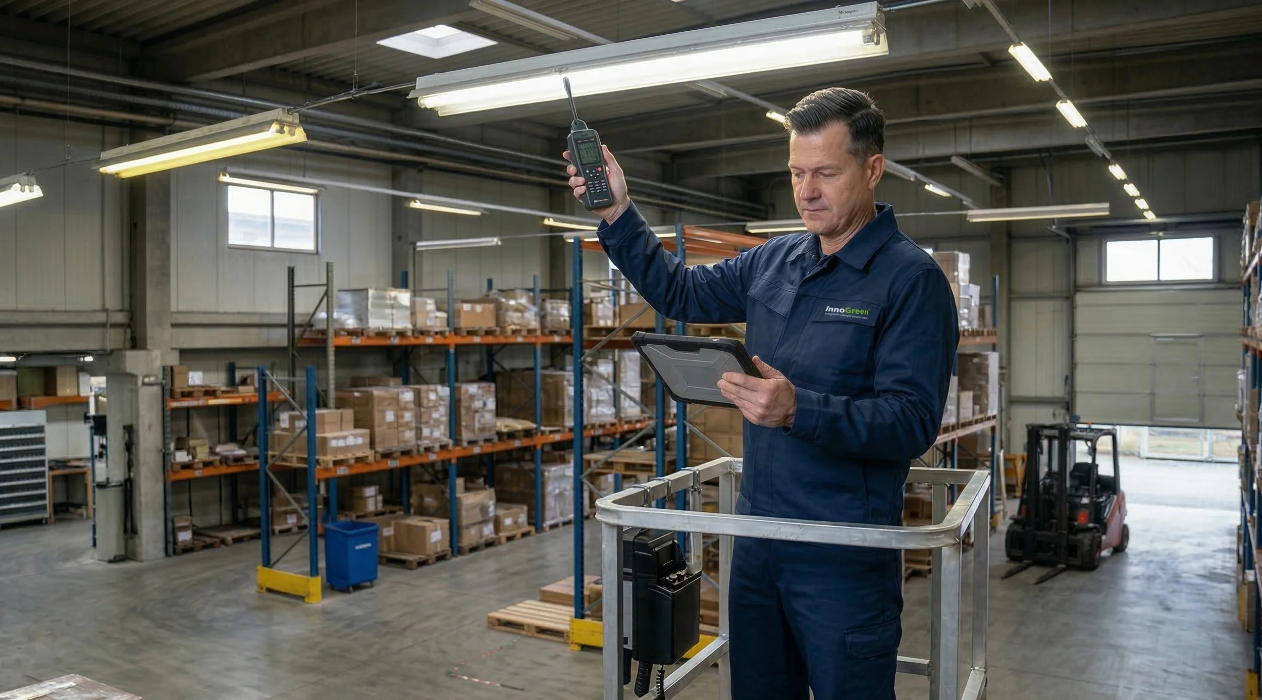 Mann in Lagerhalle mit Funkgerät und Tablet, umgeben von Regalen mit Kartons auf Paletten.