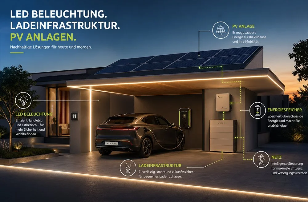 Modernes Haus mit Solarpanelen auf dem Dach, das eine Solaranlage, eine Ladestation für Elektroautos, ein Energiespeicher, LED-Beleuchtung, und eine intelligente Netzsteuerung zeigt. Außenansicht bei Sonnenuntergang mit beleuchteten Linien und einem schwarzen E-Auto.