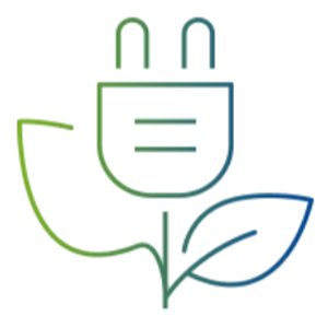 Symbol für umweltfreundliche Energie und Nachhaltigkeit, bestehend aus einer Steckdose, einem Blatt und einer Batterie im stylisierten Design.