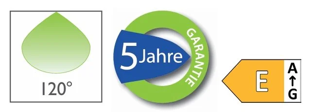 Ein Tropfen, eine Guarantee-Markierung mit 5 Jahren, und eine Energieeffizienzklasse E