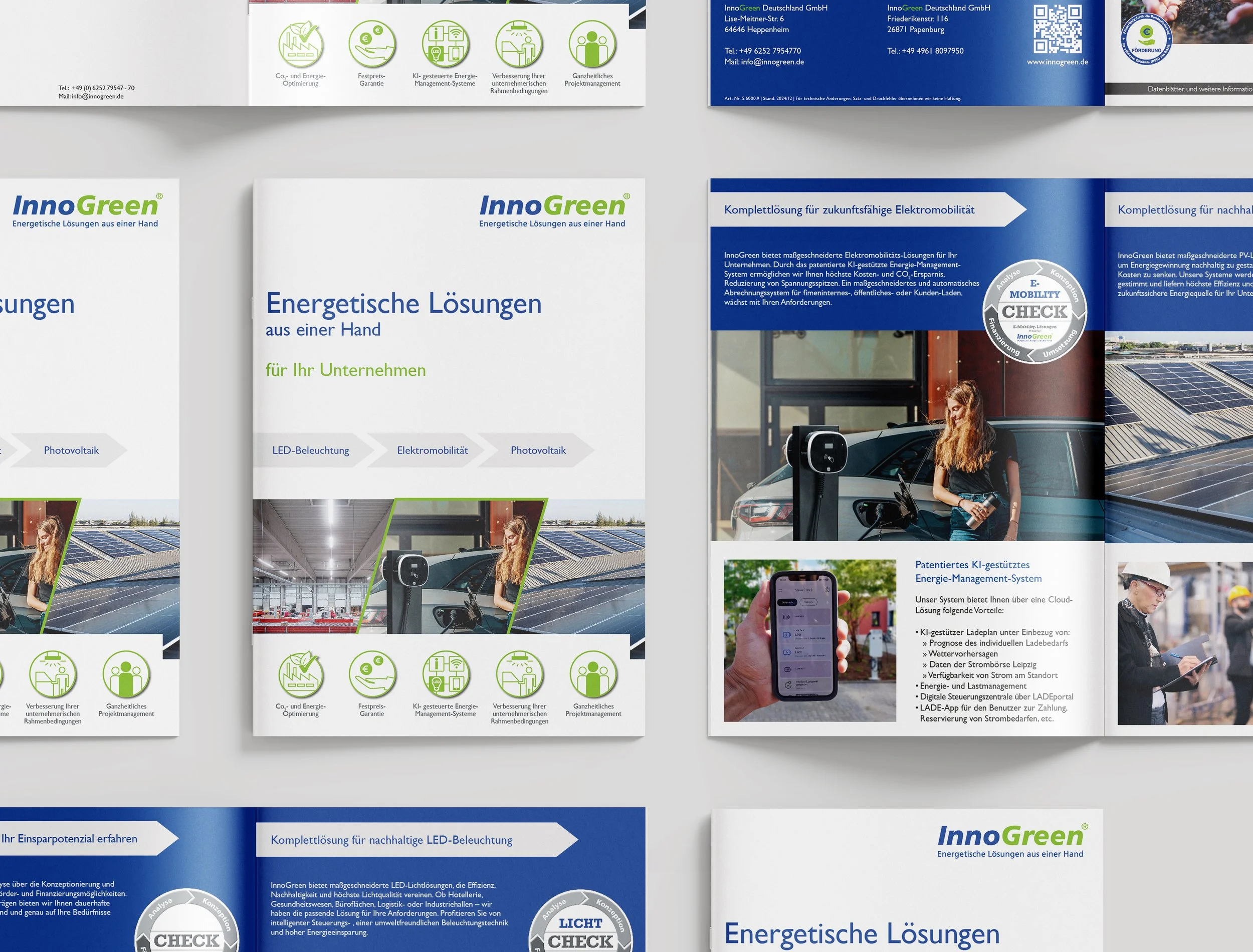 Mehrere Broschüren und Flyer für InnoGreen, ein Unternehmen für energielösungen wie Solarenergie, Elektromobilität und LED-Beleuchtung, in Deutsch. Einige Broschüren zeigen Bilder von Solaranlagen, Elektroautos und smarten Energie-Management-Systemen.