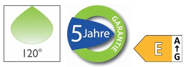 Grafik mit drei Symbolen: ein Blatt mit 120° Winkel, ein 5-Jahres-Garantie-Siegel, ein orangefarbener Pfeil mit Buchstaben E, A, G.