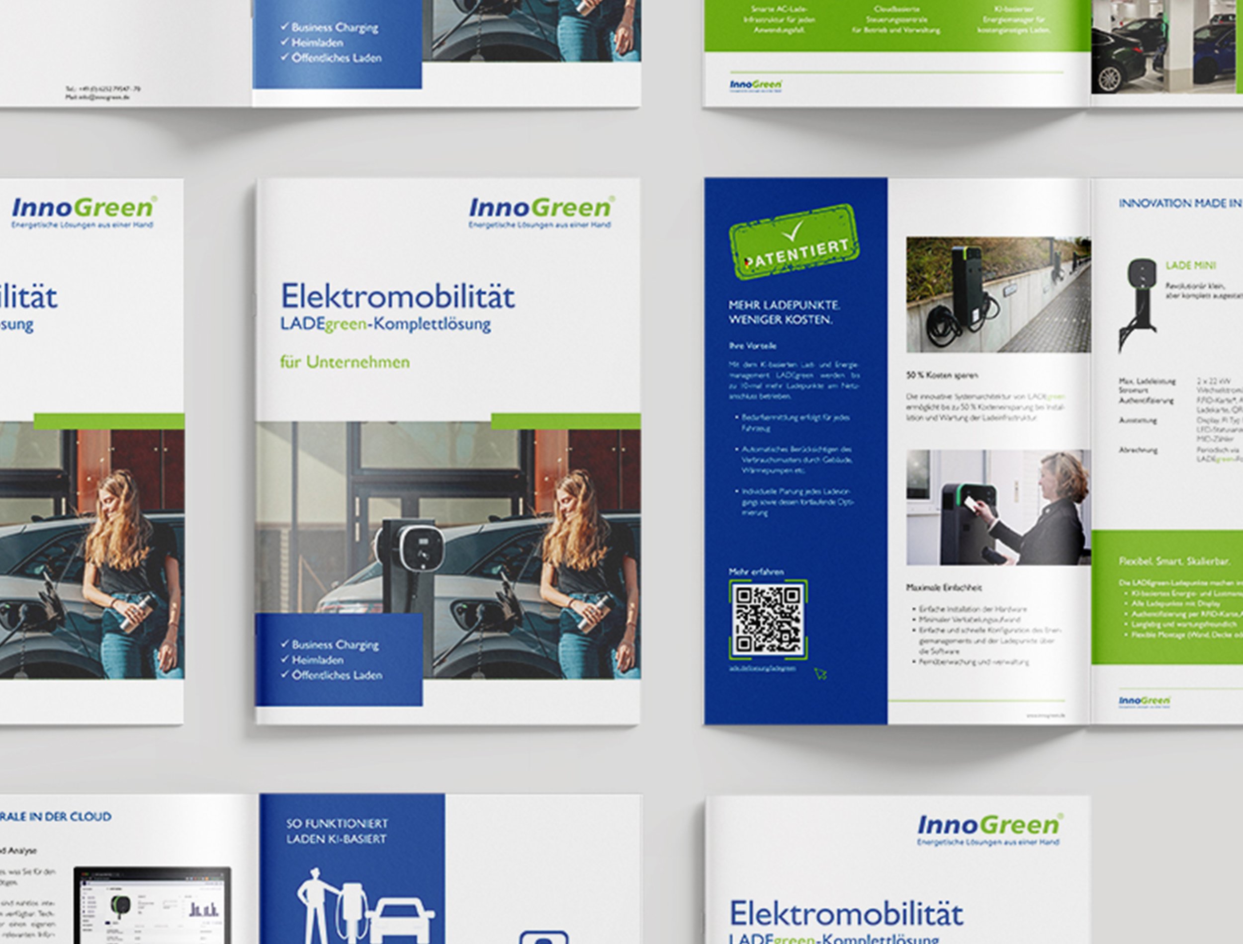 Mehrere Broschüren und Flyer der Firma InnoGreen, die Elektrofahrzeug-Ladelösungen für Unternehmen präsentieren.