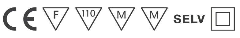 Symbole und Referenzangaben, darunter CE-Zeichen, Schutzleitung, 110, M, M, SELV und ein Quadrat mit einem kleineren Quadrat darin.