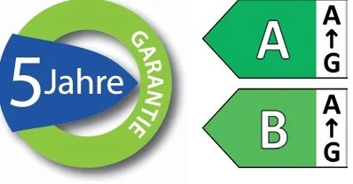 Grafik mit 5 Jahren Gebrauchtgarantie, zwei grüne Pfeile mit den Buchstaben A und B, jeweils mit Auf- und Abwärtspfeilen.