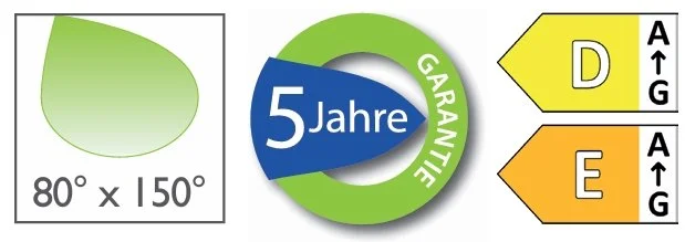 Diagramm eines Blattes mit den Maßen 80° x 150°, ein grüner Kreis mit einem blauen Badge, der '5 Jahre Garantie' anzeigt, und zwei farbige Pfeile mit den Buchstaben D und E, die auf eine Garantiezeit hinweisen.