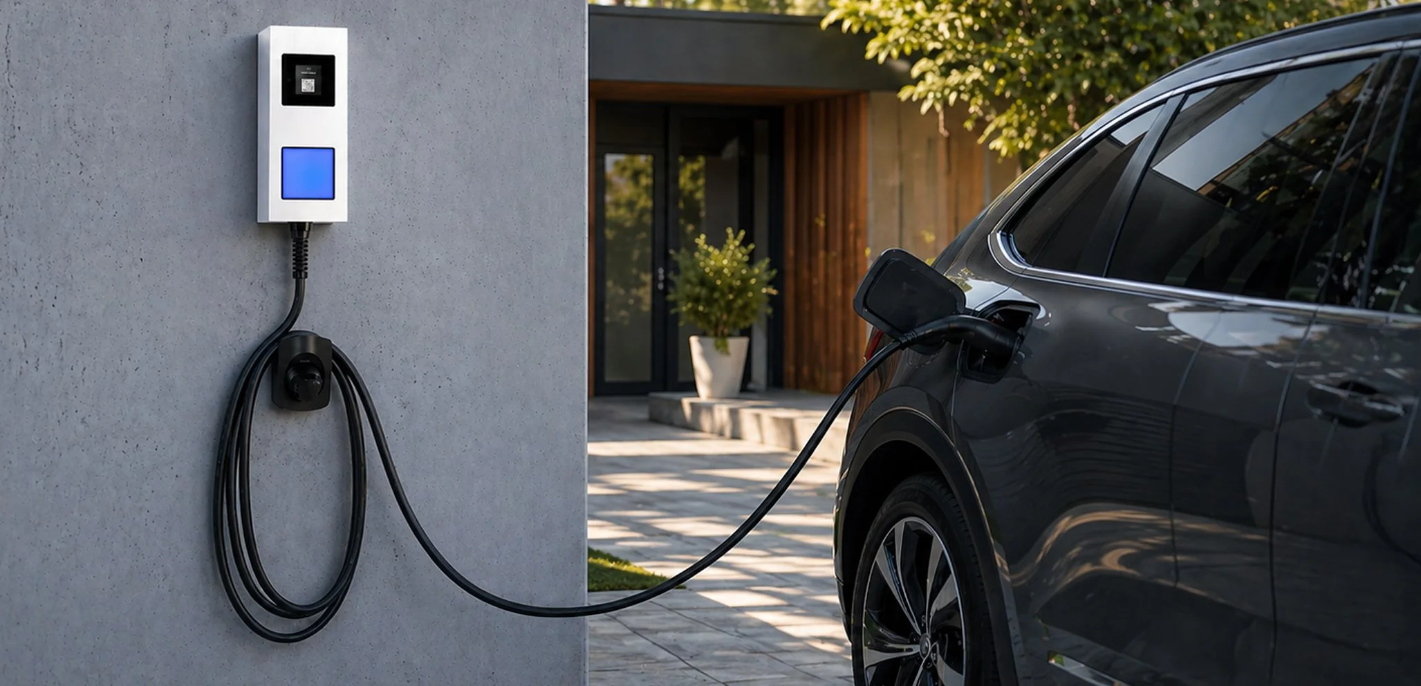 Ein schwarzes Elektroauto ist an einer Ladestation im Freien angeschlossen, vor einem modernen Haus mit Eingangstür und Topfpflanze im Hintergrund.