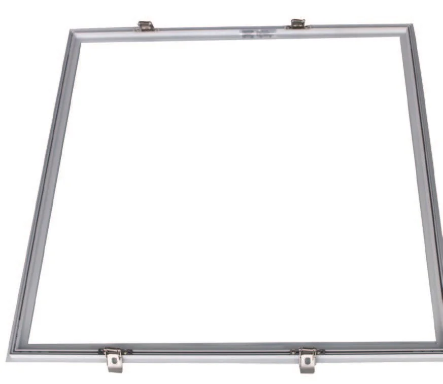 Ein quadratischer Whiteboardrahmen aus Metall mit Befestigungen an den Ecken, ohne Whiteboard-Oberfläche.