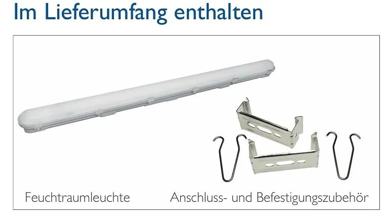 Feuchtraumleuchte, Anschluss- und Befestigungszubehör, inklusive Leuchtstofflampe und Befestigungsklammern, auf weißem Hintergrund.