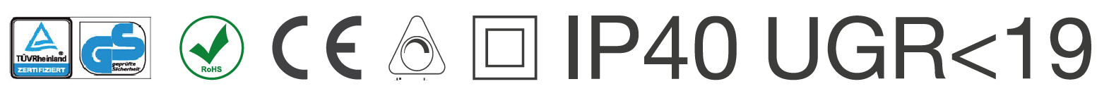 Symbole und Zertifizierungen für elektrische Geräte, inklusive Zertifizierungen von TÜV Rheinland, GS, RoHS, CE, IP40 und UGR<19.