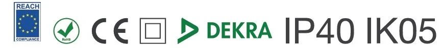 Symbole und Logos, inklusive REACH und RoHS, CE, DEKRA, IP40, IK05.