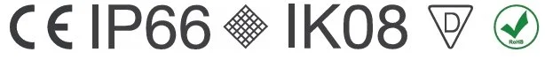 Symbole auf einem technischen Produkt, einschließlich CE, IP66, IK08, Pfeilrichtung, und RoHS