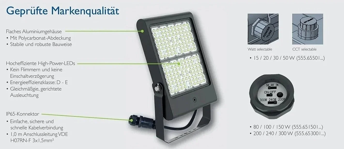 Technische Beschreibung einer LED-Leuchte mit Aluminiumgehäuse, Hochleistungs-LEDs, IP65-Konnektor, dimmbar und mit verschiedenen Leistungsoptionen.