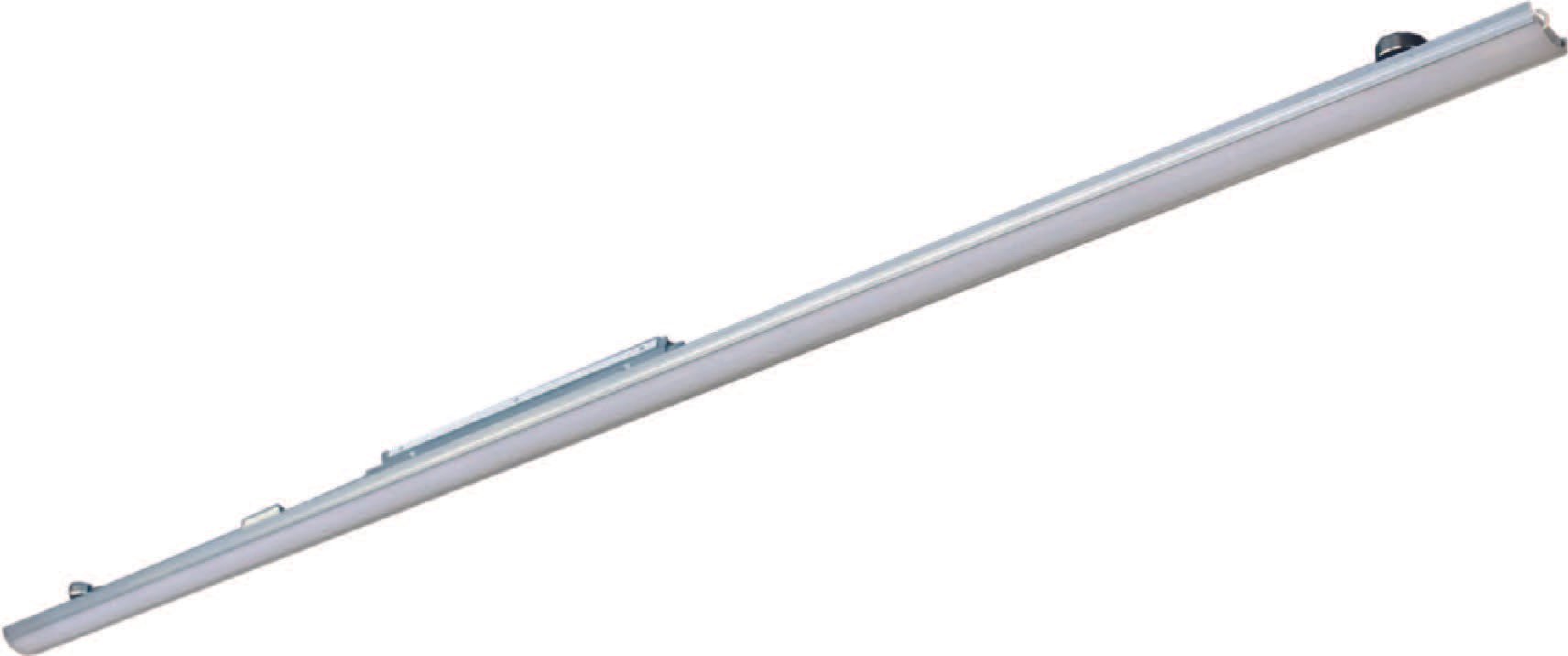 Eine lange, weiße LED-Lichtleiste mit Befestigungsclips an der Seite.