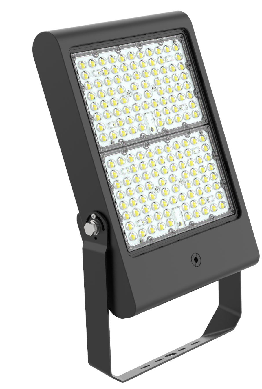 LED-Flutlichtleuchte mit schwarzem Gehäuse auf einem weißen Hintergrund.