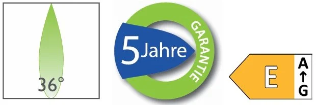 Ein Symbol mit 36°, ein grüner Kreis mit '5 Jahre Garantie', und ein orangefarbener Pfeil mit den Buchstaben E, A, G.
