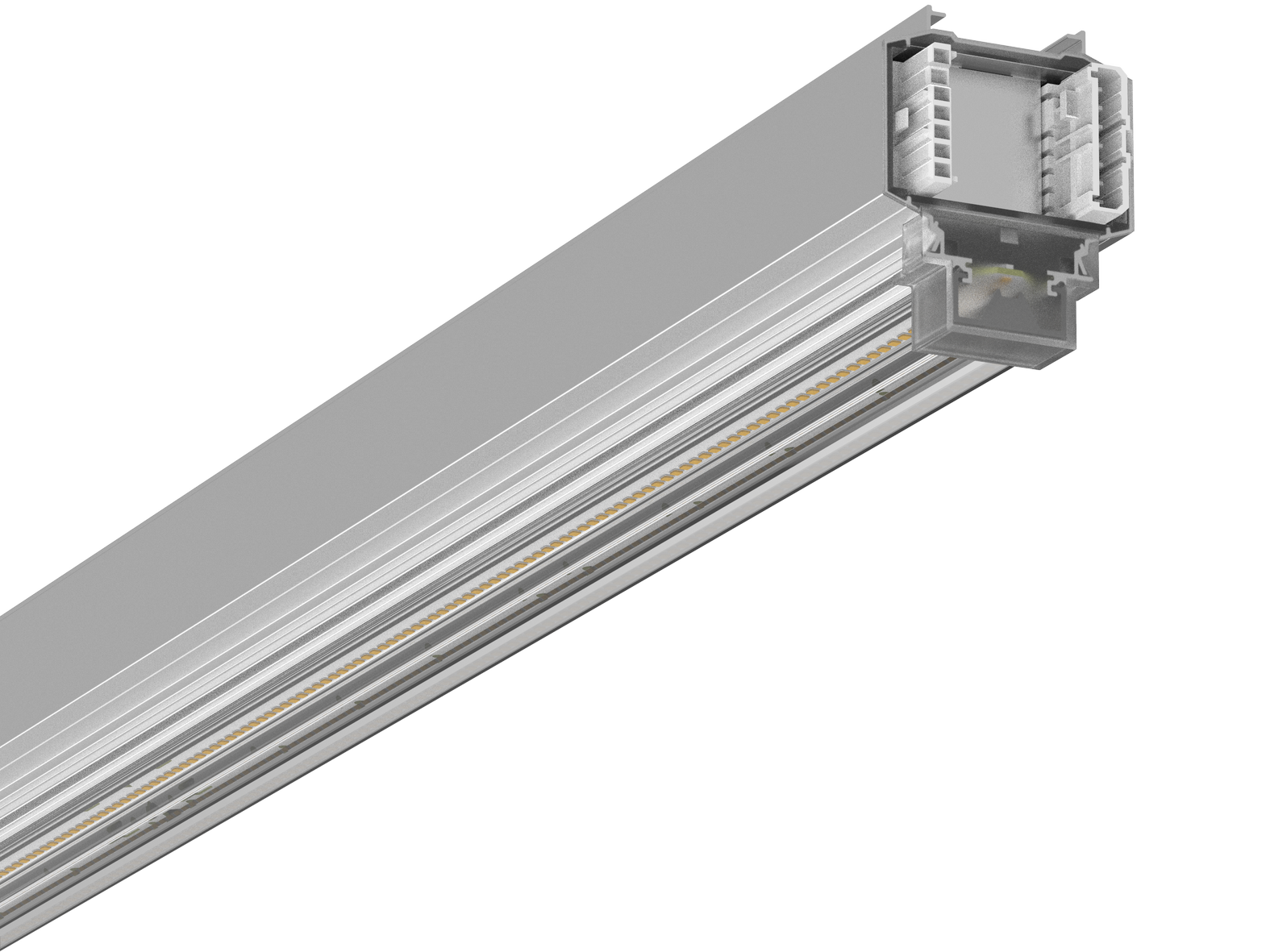 Nahaufnahme eines Aluminiumprofils mit einer integrierten, transparenten elektrischen Leitung, die in einem Steckverbinder endet.