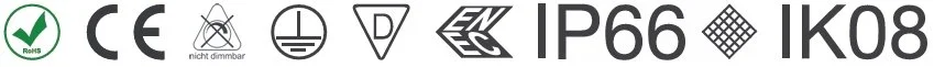 Verschiedene technische Symbole und Zertifizierungszeichen