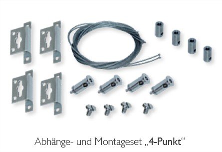 Montageset mit Metallteilen, Kabeln, Schrauben und D-Ringen, für die Befestigung und Installation, gekennzeichnet als ‚Abhänge- und Montageset, 4-Punkt‘.