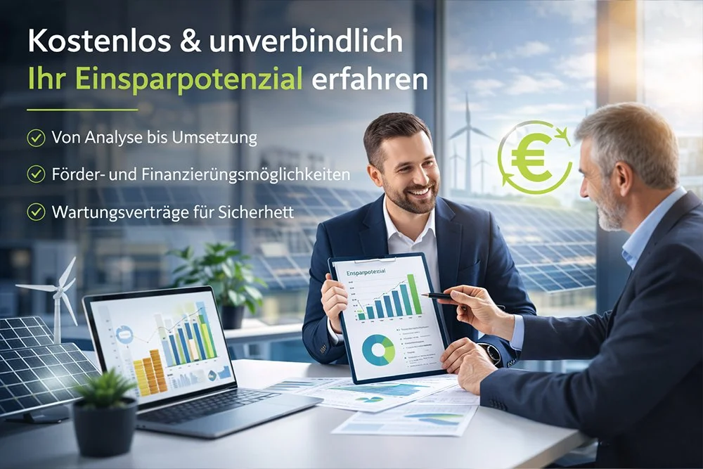 Zwei Männer in Business-Anzügen im Gespräch bei einem Meeting, mit Diagrammen und Statistiken auf Tablets und Laptop, im Hintergrund Solarpanels und Windkraftanlagen, umweltfreundliche Energielandschaft.