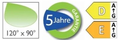 Grafik mit einem grünen Blatt, einem blauen 5-Jahres-Garantie-Siegel, und Farbdruckqualität-Icons in Gelb, Orange, und Grün.