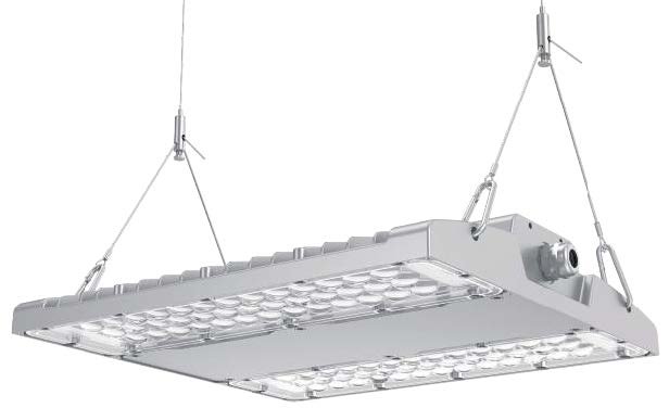 Deckenleuchte mit LED-Leuchten, aufgehängt an zwei Kabeln.