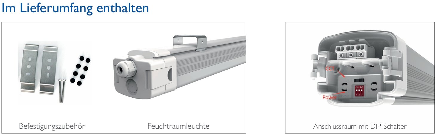 Anzeige der Bestandteile einer Aufputz-Trommel zu einer Feuchtraumleuchte mit Anschlussraum und DIP-Schalter.
