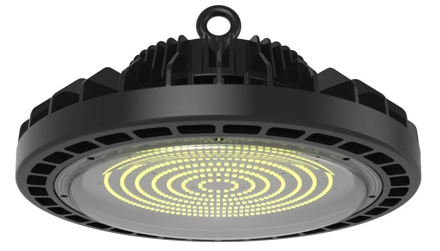 Ein runder, schwarzer technischer Gegenstand mit LED-Lichtern in einem Spiralmuster, vermutlich eine festinstallierte Leuchte oder Lichtquelle.