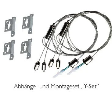 Abhänge- und Montagesset, bestehend aus vier Metallhalterungen, vier Kabel mit Stecker, und zwei Spritzen