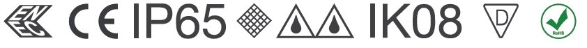 Symbole und Zertifizierungen auf einem elektronischen Gerät, inklusive CE, IP65, IK08, RoHS, und anderen Schutz- und Qualitätszeichen.