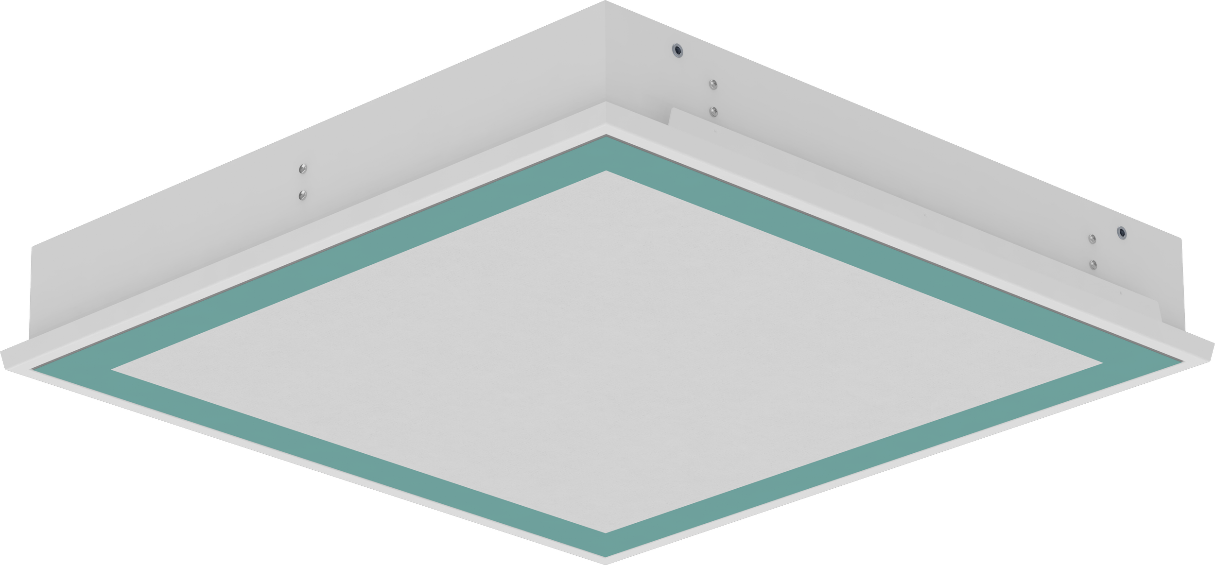 Eine weiße abgehängte Deckenleuchte mit runder Form, die in einer Optik mit einem Rahmen aus leuchtendem Material und Schrauben an der Decke befestigt ist.