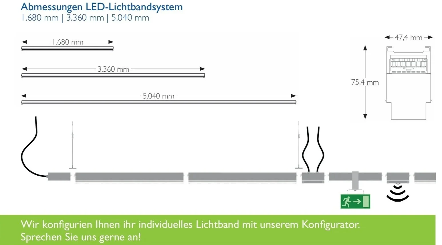 Diagramm eines LED-Lichtbandsystems mit Abmessungen in Millimetern, Illustrationen von verschiedenen Lichtbanddimensionen, technische Zeichnung eines Anschlusses und eine Notfall-Austrittskennzeichnung mit Pfeil und Signalton. Beschreibung in Deutsch, grüne Leiste mit Text zur individuellen Konfiguration des Lichtbands.