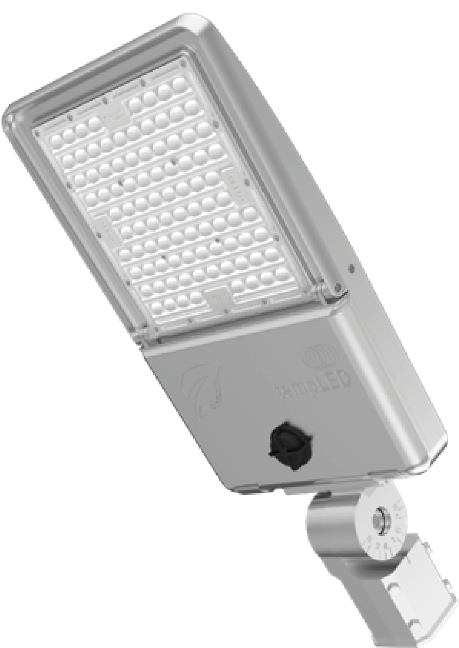 Nahaufnahme einer modernen LED-Außenwandleuchte mit verstellbarem Arm, silberner Gehäuse und transparentem Schutzdeckel über dem LED-Array.