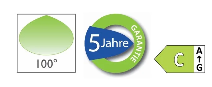 Diagramm mit einem grünen Pfeil, der die alphanumerische Nummer C und die Buchstaben A und G zeigt, einem Kreis mit 5 Jahren Garantie, ein geometrisches Diagramm mit einem Winkel von 100 Grad.