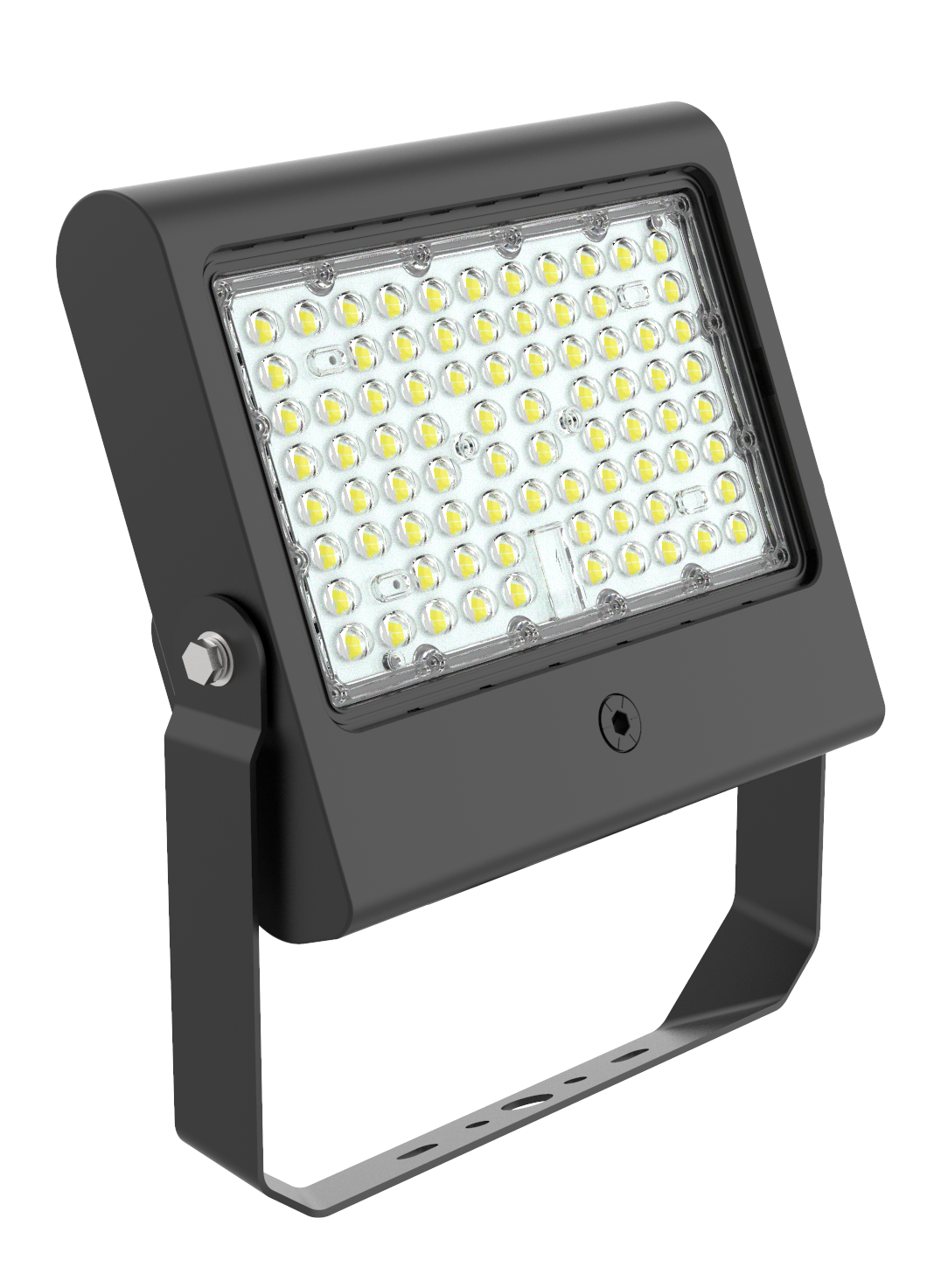 Ein schwarzer LED-Fluter mit Metallhalterung gegen weißen Hintergrund.