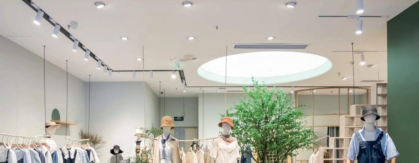 Innenansicht eines Modegeschäfts mit Kleiderständern, Mannequins und einer großen grünen Pflanze