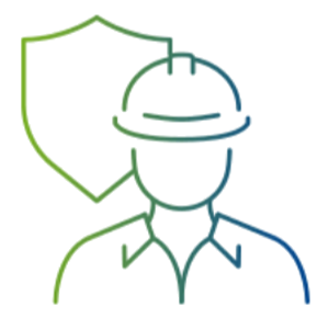 Illustration eines Mannes in Schutzkleidung mit Helm und Schutzbrille, davor ein Schutzschild.
